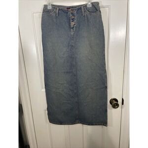 Vtg Denim Maxi Skirt Grunge Wash Long Straight Jean Skirt Women’s 3/4 Slits Y2K